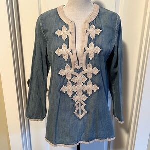 J Crew Chambray Blue Denim Tunic V-neck w/ soutache trim